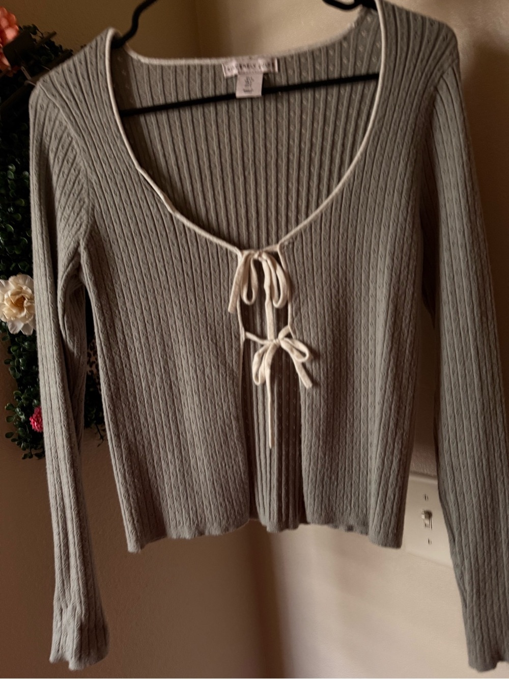 Sage Ribbed Scoop-Neck Tie-Front Top